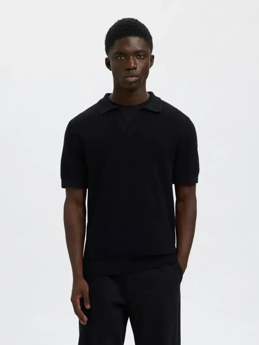 Selected Homme COLIBRI SS KNIT STRUCTURE OPEN POLO Black 