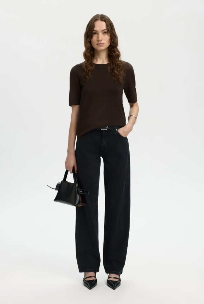 Selected Femme LURA 2/4 Knit O-neck Topp Brun  Delicioso_TONAL LUREX