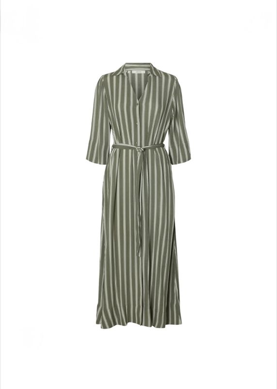 Selected Femme Flora 3/4 Ankle Shirt Dress Deep Litchen Green Striped