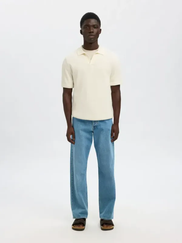 Selected Homme Colibri  SS KNIT STRUCTURE OPEN POLO Egret
