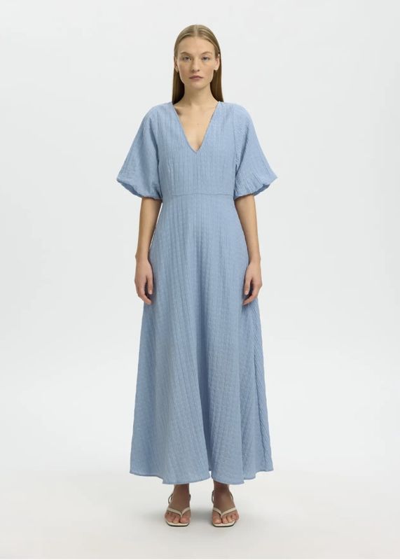Selected Femme Maddie Closed Back Midi Dress Dusty Blue 