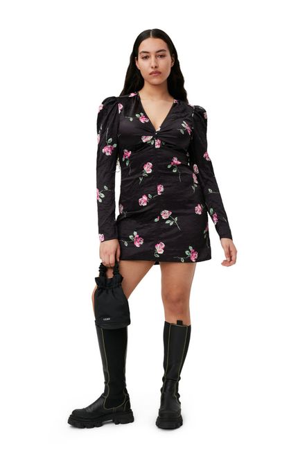 Hovedbilde Ganni Black Crinkled Satin V-neck Mini Dress